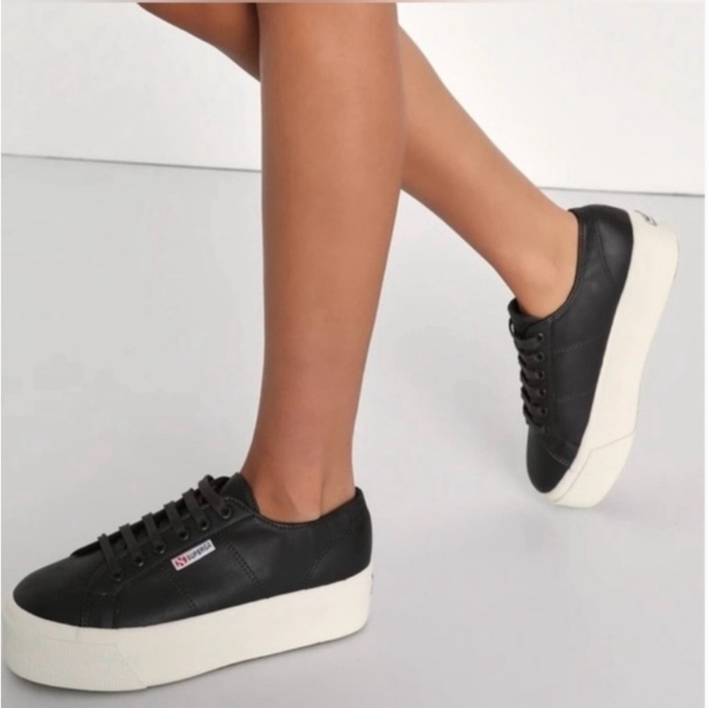 Superga EUC 2790 Nappa Black Leather Platform Sneakers EU 37.5 SZ 6.5 - Picture 1 of 16
